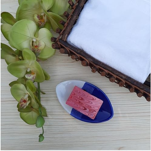 Ceramic Soap Dish with Self Draining Tray for Bathroom, Kitchen (Blue No.3), 6.25 x 3.75 x 1 inches (LxWxH) (1111)