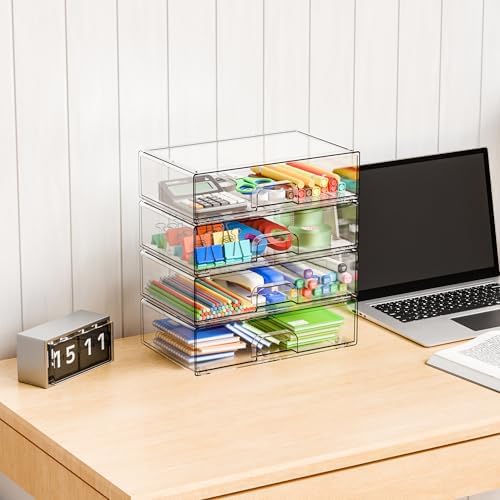 Yieach 12.2''W Clear Stackable Storage Drawers,4 Pack Acrylic Drawers,Bathroom Organizer Bin and Plastic Makeup Organize