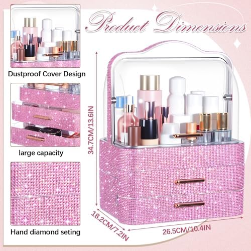 Honeydak Rhinestone Makeup Organizer with 2 Drawers Lid, Pink, Rhinestone