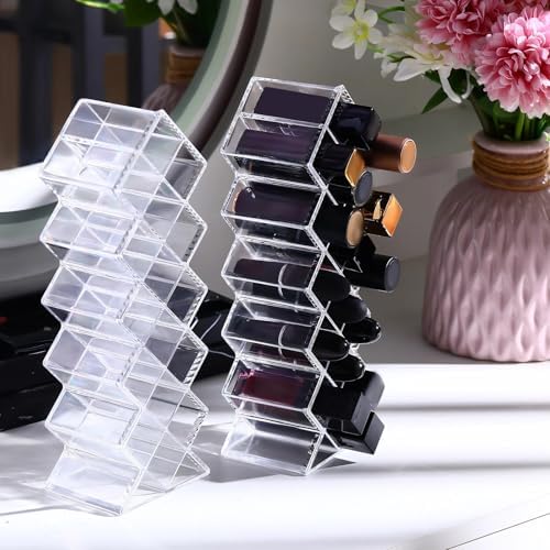 2 Pack Acrylic Lipstick Holder Organizer 32 Slots Clear Lip Gloss Holder Organizers Stackable Fish Shape Lipsticks Tower