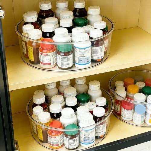 Medicine Bottle Organizer, Rotating Medicine Organizer for Cabinet, 11.98" Diameter, Large Capacity Transparent Pill Bot