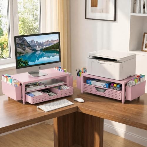 ECOLOVI Desk Organizer and Accessories, 2-Tier Computer Monitor Stand Rise with Storage Drawer & 2 Pen Holders, Laptop &