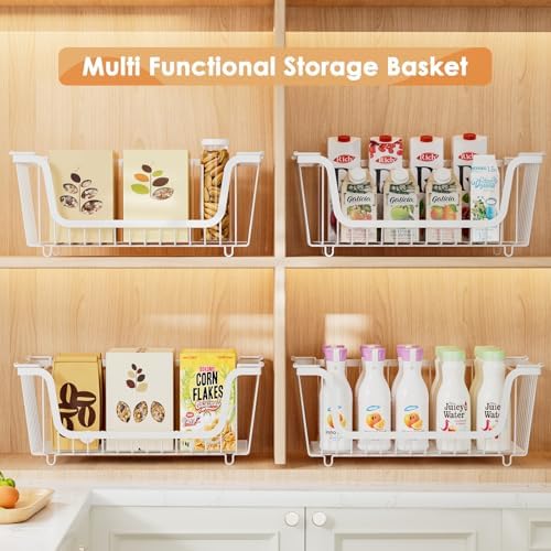 4 Pcs Stackable Wire Baskets for Pantry Organizers and Storage, White