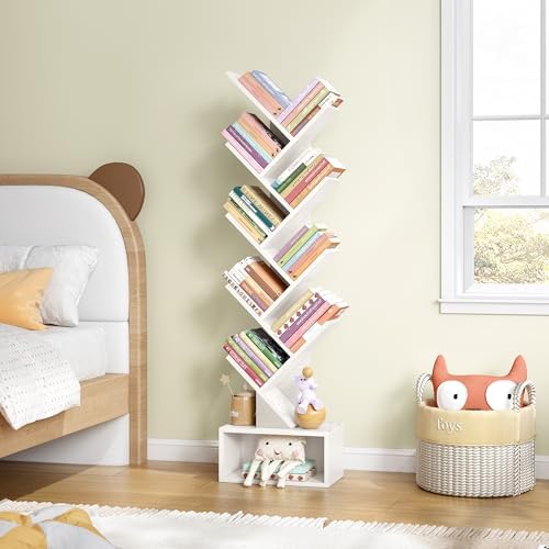 Hoctieon 9 Tier Tree Bookshelf, Tall Bookcase with Drawer, Wood Book Shelf, Modern Floor Standing Bookshelves, Book Orga
