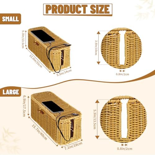 2 Pcs Handwoven Rattan Cable Management Box,Cord Organizer Box with Lid,Open-Slot Cord Hiding Basket,Decorative Storage 
