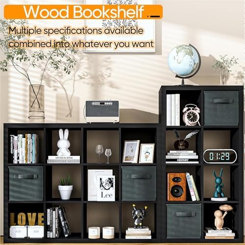 furtble Bookshelf with Storage Bins, 6 Cube Storage Organizer, Modern Wood Bookcase, Multifunctional Display Shelf for L
