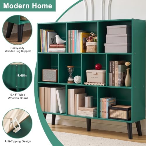 YAHARBO 10 Cube Bookshelf,3 Tier Bookcase with Legs,Dark Green Mid-Century Modern Bookshelves,Large Free Standing Open S