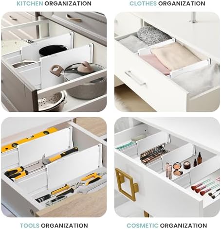 RAPTUROUS Adjustable Drawer Dividers, 8" Tall, Expandable 13.35-22", 6-Pack, Non-Slip for Deep Drawers in Kitchen, Bedroom, and Closet (White)