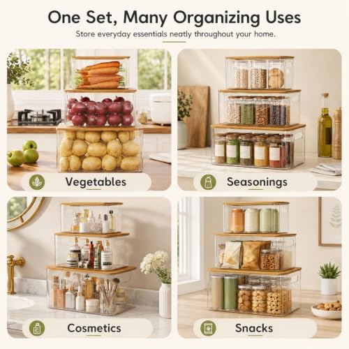 3 Pack Pantry Organizers and Storage Bins with Bamboo Lids,Trash Bag Holder