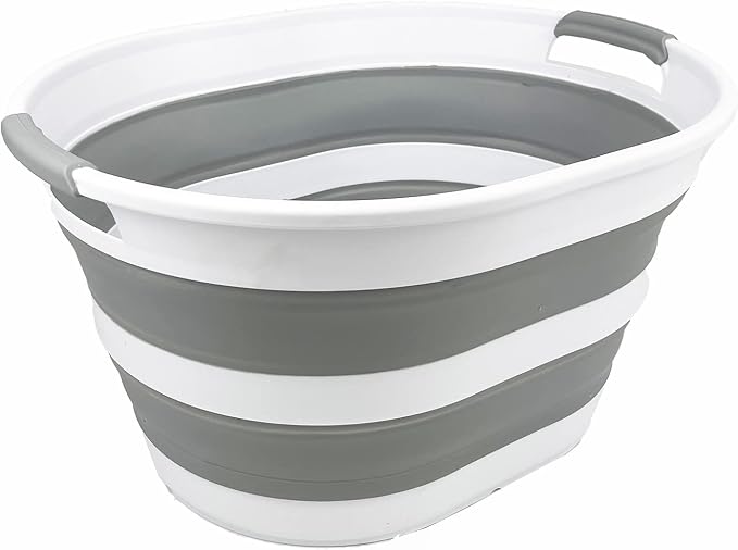 SAMMART Collapsible Plastic Oval Laundry Basket 23L (6 Gallons) -Foldable Storage Container/Organizer - Portable Washing Tub - Space Saving Hamper for Laundry, Camping & Home (White/Grey)