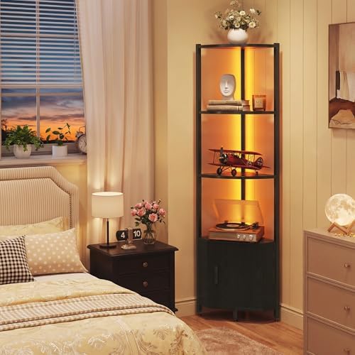 Corner Shelf with Storage, LED Lights 6-Tier Corner Bookshelf, 66'' Organizer Book Shelf Shelves Steel Frame Display Sta