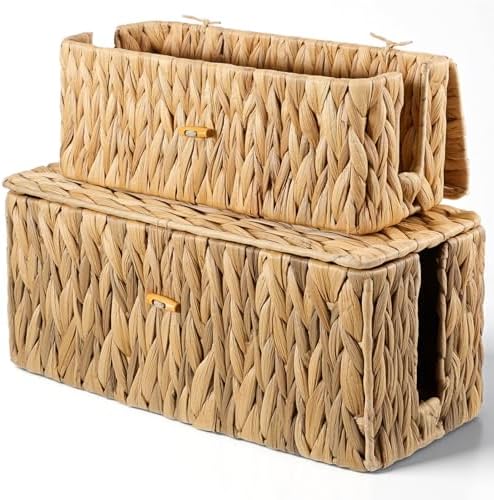 Cable Management Box with Lid 2 Pack Hand-Woven Water Hyacinth Decorative Cord Organizer 2 Side Open Slots Wicker Cable 