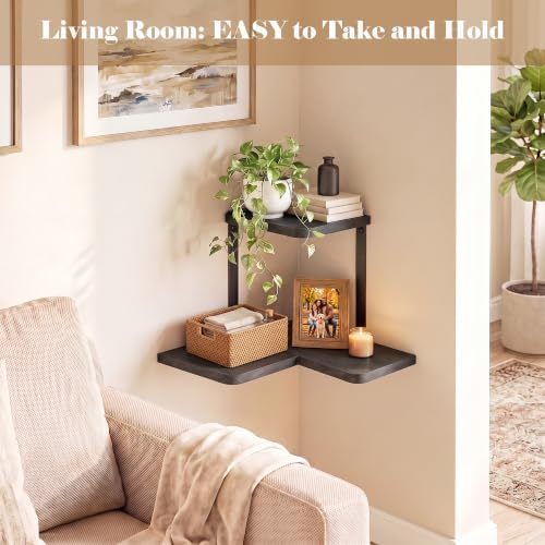 SRIWATANA 2-Tier Corner Wall Shelf, Rustic Wood Storage Display Shelf Black
