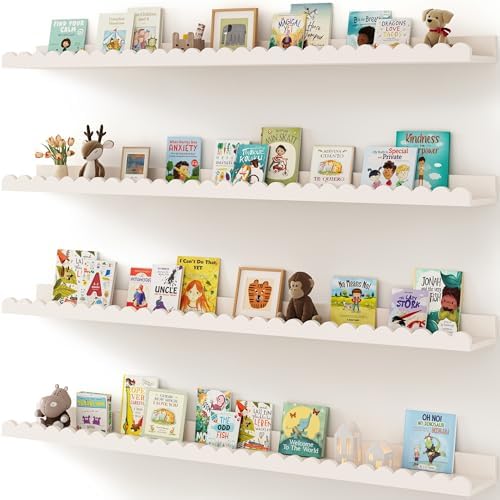 Shario Nursery Book Shelves, 4-Pack White Floating Shelves for Wall Kids, Scalloped Shelves, Wall Book Shelves for Bedro