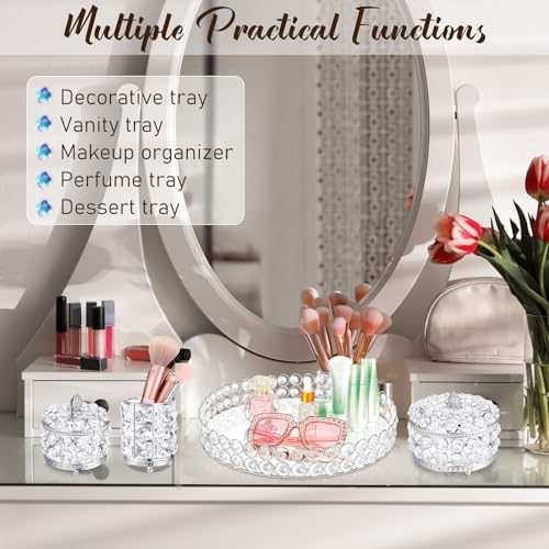 Tioncy 5 Pcs Vanity Perfume Tray, Crystal Makeup Brush Organizer, Silver