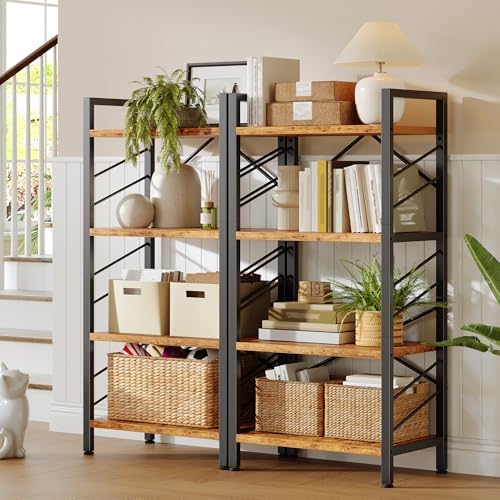 DurayLoly 2 Pieces 4 Tier Bookshelf for Narrow Space, Rustic Brown