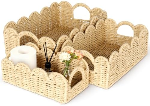 Hand Woven Paper Rope Scalloped Edge Decor Baskets for Home,Living Room, Bedroom,Storage over Above Behind Flush Tank,To