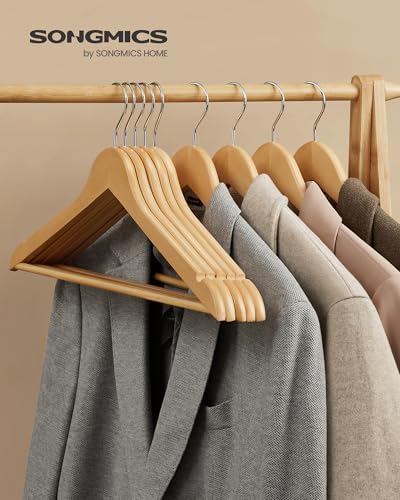 SONGMICS Wooden Hangers, 20-Pack Wood Hangers with Non-Slip Pants Bar