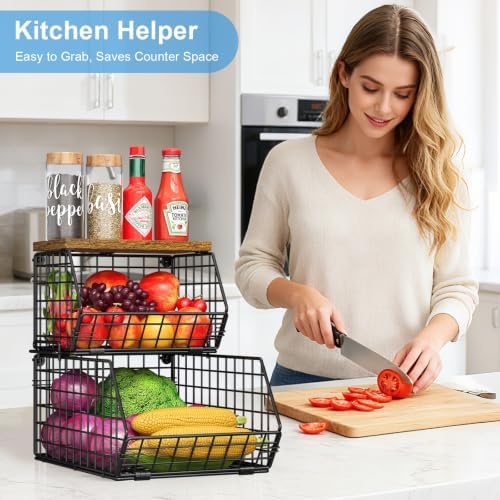 Potato and Onion Storage Bin with Wooden Top, 2-Tier Stackable Wire Basket