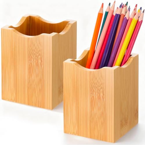 Henoyso 2 Pcs Bamboo Wood Pen Holder Wavy, Square Desktop Organizer