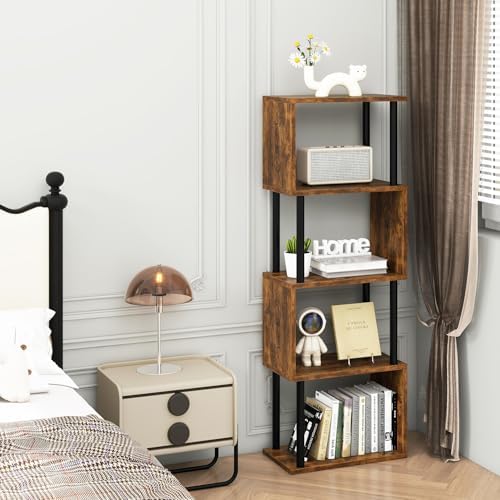 IBUYKE 5-Tier Tall Bookshelf,S-Shaped Geometric Bookcase,Brown WBC015H