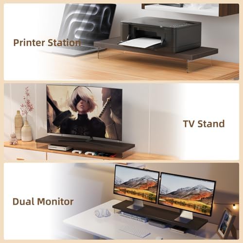 Dual Monitor Stand Riser, 40x10 in Wood & Acrylic Desktop Organizer Shelf