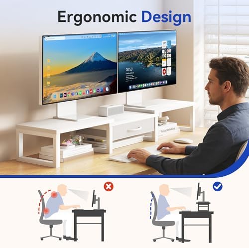 Dual Monitor Stand Riser, Desk Organizers and Accessories with Drawer, Computer Monitor Stands for Desk, Adjustable Desk