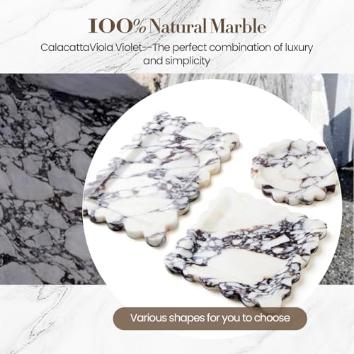 SAMAH Calacatta Viola Natural Marble Tray, Scalloped Bathroom Tray, Luxury Stone Decorative Trays for Bathroom, Vanity, 