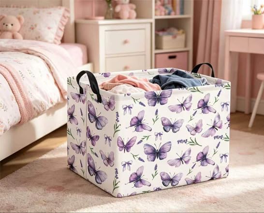 Rectangular Baby Kids Storage Basket for Home Kitchen Girls Cute Toy Storage Bin Organizer Shelf Book Room Decor(Lavender Butterfly)