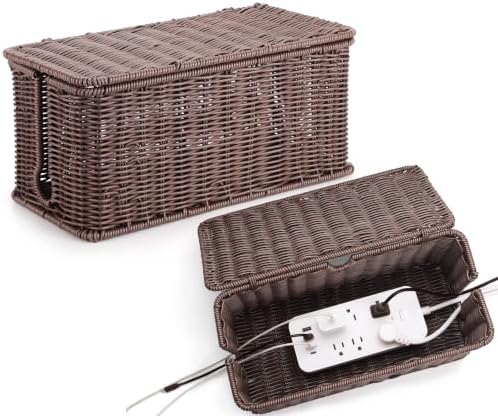 ZhiYo Rattan Cable Management Box, Dark Brown, 13.5" x 6.2" x 6"