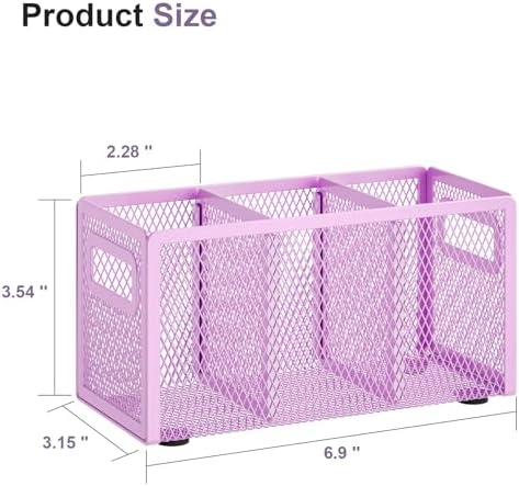Marbrasse Mesh Pen Holder for Desk, Pencil Holder Desk Organizer 3 Adjustable Compartments, Pencil Cup with Handle Perfect for Classroom, Office, Home, Makeup, Art (Purple)