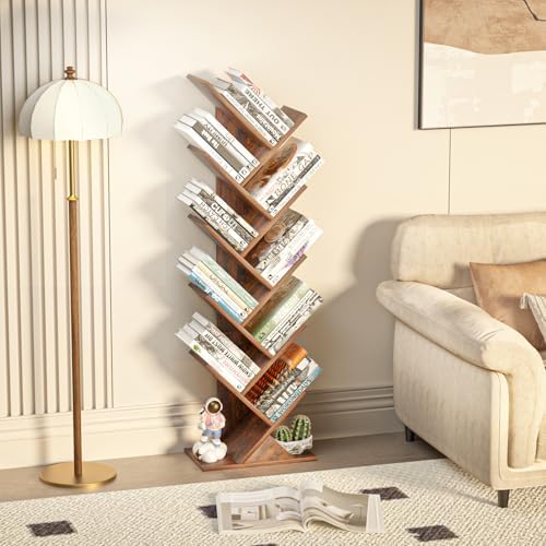10 Tier Tree Book Shelf, Floor Standing Wood Bookshelf for Narrow Space