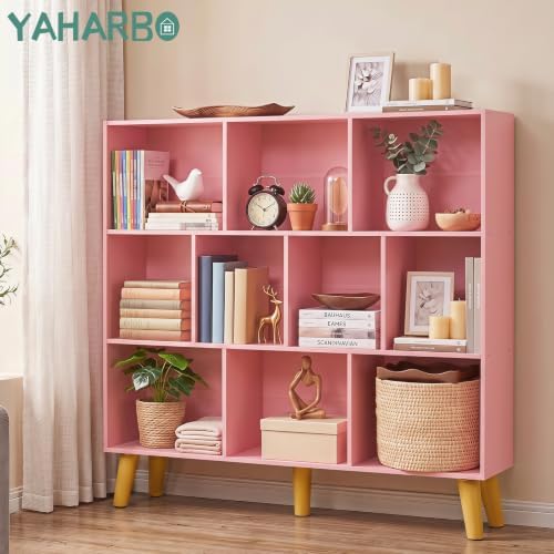 YAHARBO 10 Cube Bookshelf,3 Tier Bookcase with Legs,Light Pink Mid-Century Modern Bookshelves,Large Free Standing Open S