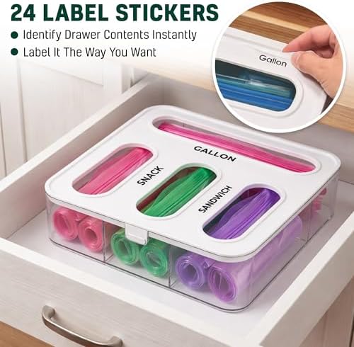HIMUS Food Storage Bag Organizer - 4 in 1 Plastic Baggie Organizer for Drawer | Compatible with Sandwich, Snack, Gallon,