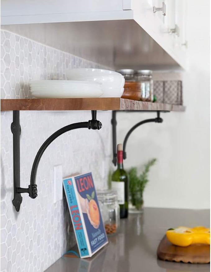NACH Decorative Shelf Brackets, 2 Pack of 9.6 x 1.7 x 9.6 inch Black Cast Iron Shelf Brackets - Decorative Brackets for Mounting - Industrial Style Brackets