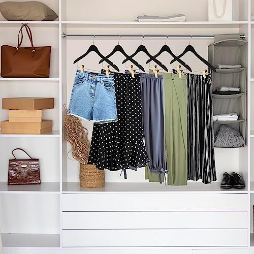 20 Luxury 16.5" Ultra Thin Space Saving Black Wooden Skirt Pant Hangers, 360 Degree Swivel Hook, Best for Suit, Coat Hangers Pants, Blouses, Dress Hangers Black with Gold Hook (Skirt/Blouse, 20)