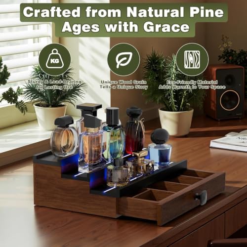 3 Tier Wooden Perfumes Stand with LED Light, Perfume Cologne Organizer for Men, Desktop Parfum Holder Wood Display Shelf