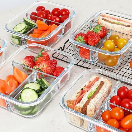 KOMUEE Glass Meal Prep Containers 3 Compartments, 5 Pack 36 oz