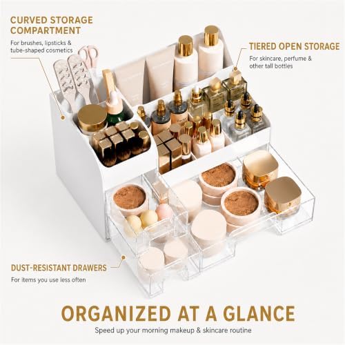 Extra Large Makeup Organizer for Vanity, 3 Drawers and Brush Holder, Countertop Cosmetic Storage for Skincare and Perfum