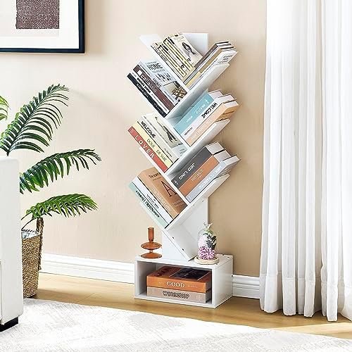 Hoctieon 6 Tier Tree Bookshelf, Tall Bookcase with Drawer, Freestanding Book Shelf, Display Floor Standing Storage Shelf