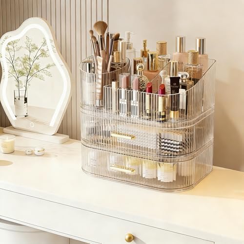 Makeup Organizer with 360 Rotating Brush Holder and Stackable Drawers, Cosmetic Display Case for Vanity, Bathroom Counte