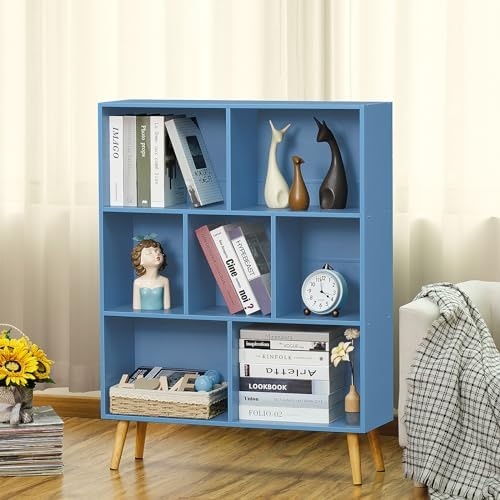 YAHARBO 7 Cube Bookshelf, Blue Kids Book Shelf with Cubby Storage,Wooden Modern Bookcase with Legs,3 Tier Freestanding D