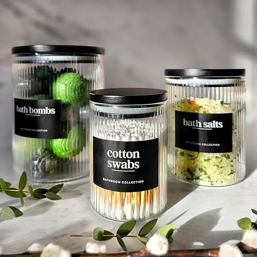 Mason & Fable 3x Ribbed Glass Bathroom Jars with Airtight Black Bamboo Lids | Cotton Pad/Buds/Q tip Holder | Bath Salt/S