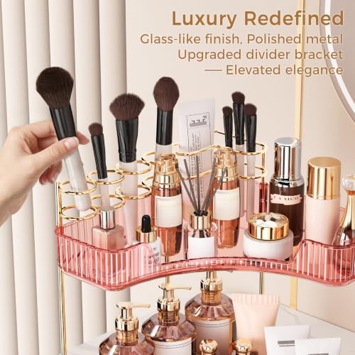 BEFSOP Corner Bathroom Counter Organizer, Upgraded 3-Tier Makeup Organizer Countertop with Makeup Brush Holder, Skincare