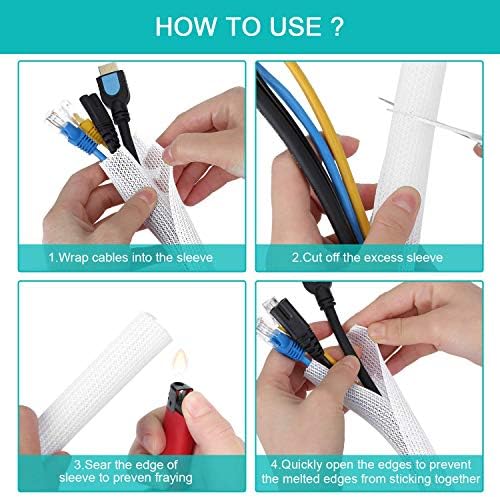 6.6ft - 4/5 inch White Cable Sleeve, Cable Organizer for Desk PC TV Computer, Wire Protector Cable Wrap Cover, Cord Mana