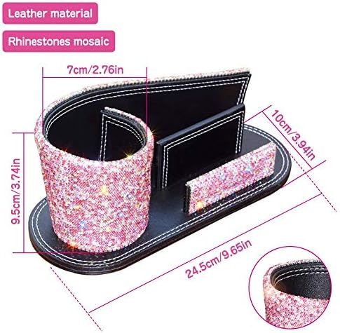 KEYPOWER Pen Pencil Holder Business Name Cards Decorative Bling Crystal Rhinestone PU Leather Gift for Women Girls (Pink)