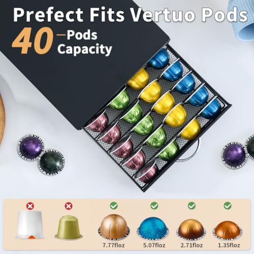 FlagShip Vertuo Pod Drawer Organizer,40 Large Pods Capacity,Black Metal