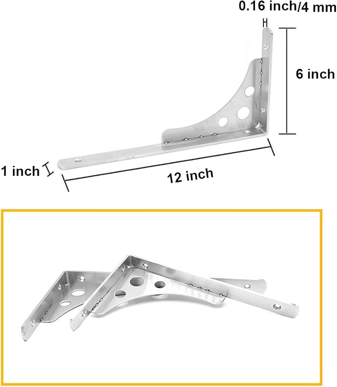 CBTONE 12 Inch Heavy Duty Shelf Bracket, Pack of 4, Wall Mounted Floating L Bracket Stainless Steel Triangle Shelf Supporter, Thicken 4mm, Included Free Screw Accessories