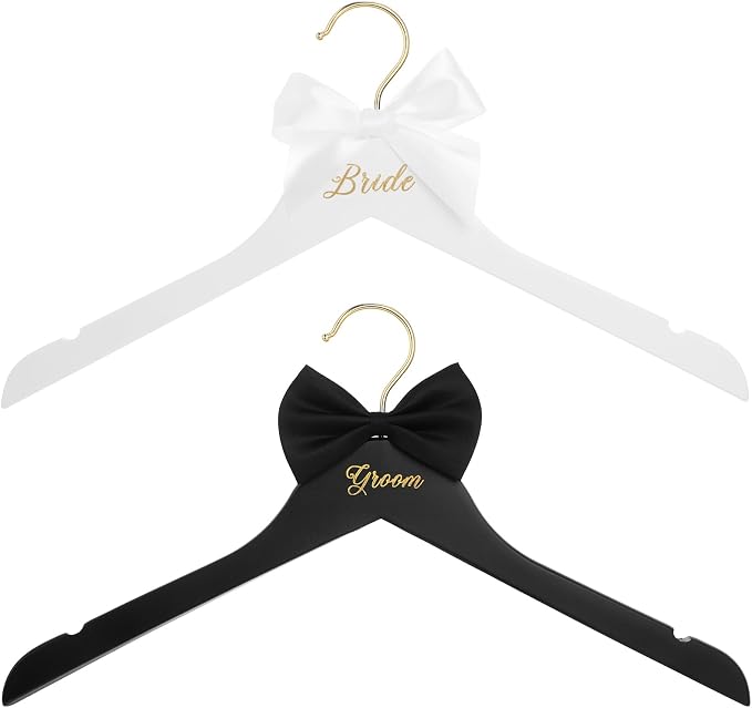 Beeveer 2 Pcs Bride Hanger and Groom Wedding Wooden Hanger with Letter and Bow Tie for Tuxedo Suit Bridesmaid Bridal Wedding Gift Bridal Party Shower (Classic)
