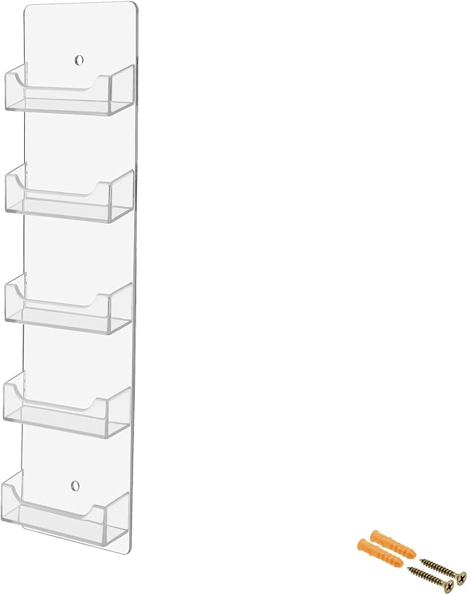 Marketing Holders Hanging Business Card Holder 5 Pocket Vertical Clear Acrylic Wall Mount with Hardware for 3.5" x 2" Gift and Appointment Cards Multi Slot Space Saver Travel Agents Restaurants